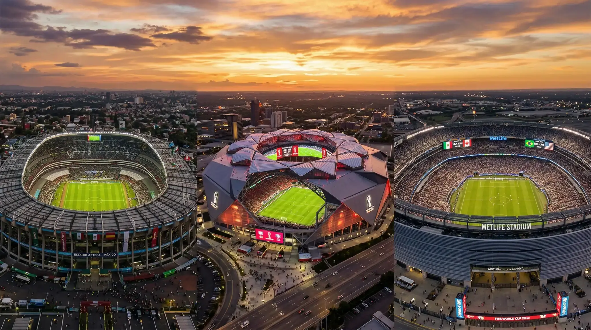 A VB 2026 házigazda csoportjai: Mexikó, Kanada és az Egyesült Államok zászlói stadionokkal