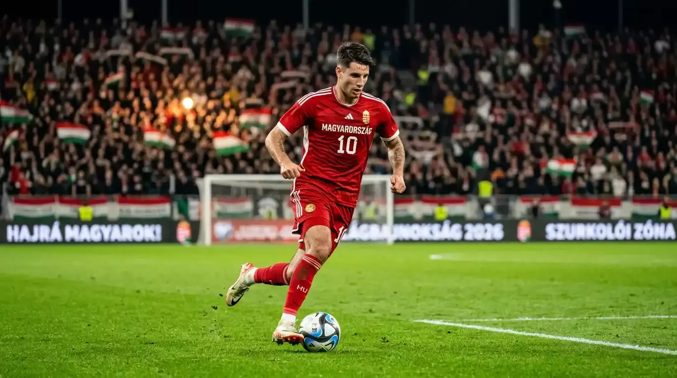 Futballista vezeti a labdát egy VB-meccsen, elmosódott lelátó a háttérben