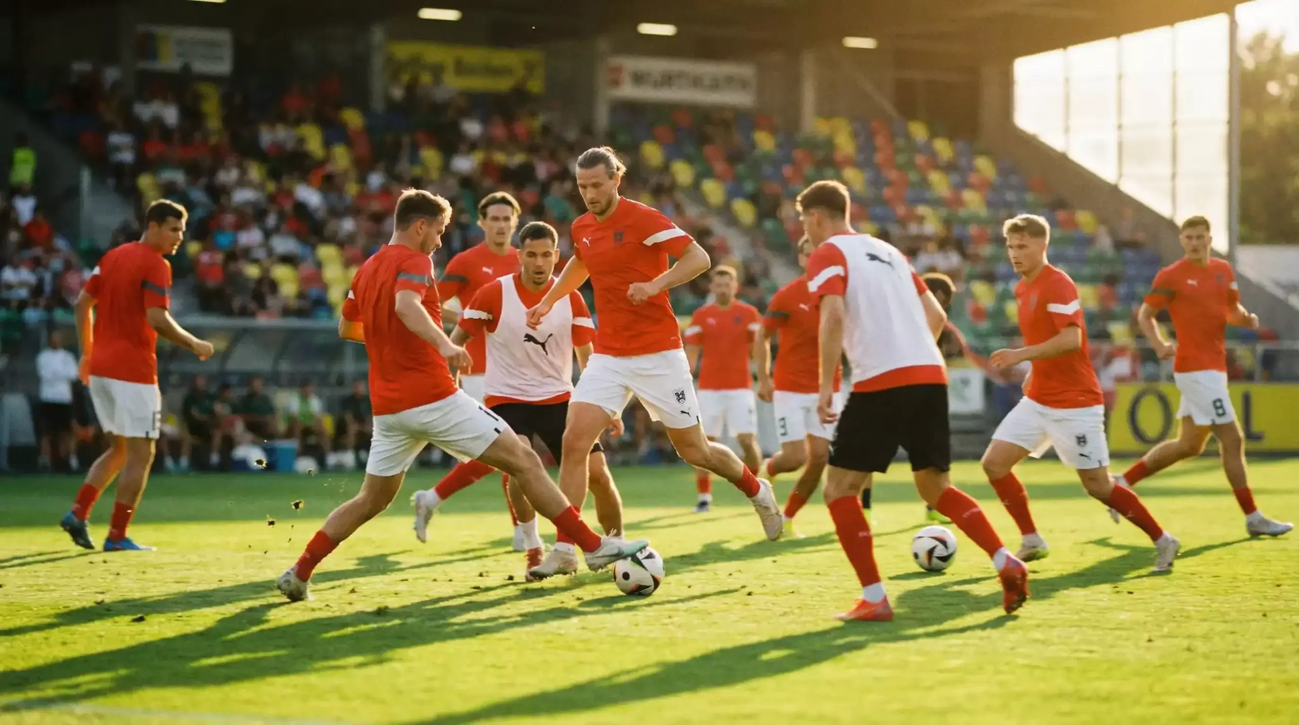 Az osztrák labdarúgó-válogatott a VB 2026 felkészülésén, piros-fehér mezben, intenzív edzésen
