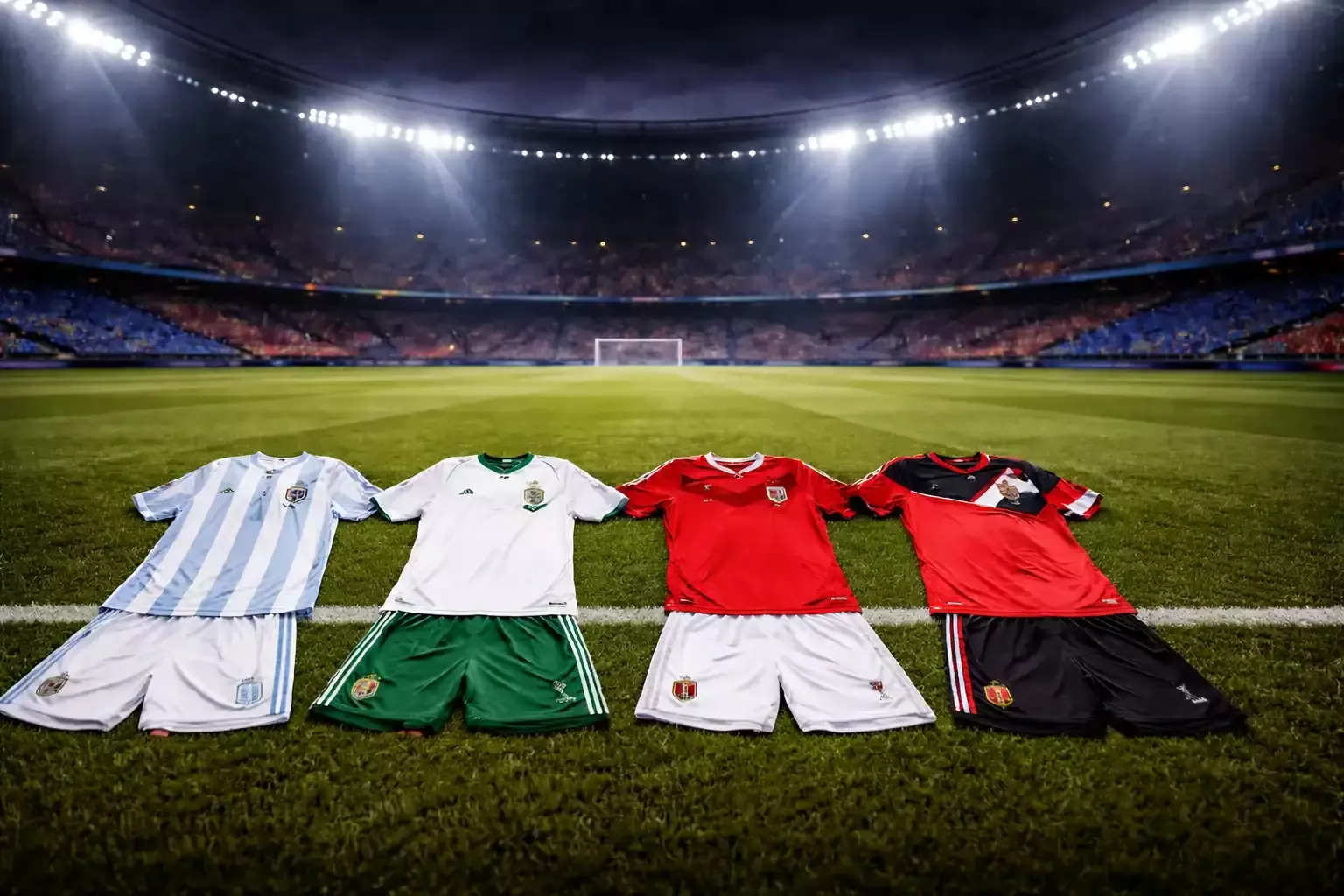 A VB 2026 J csoportjának négy válogatottja: Argentína, Algéria, Ausztria és Jordánia zászlói egy stadion felett