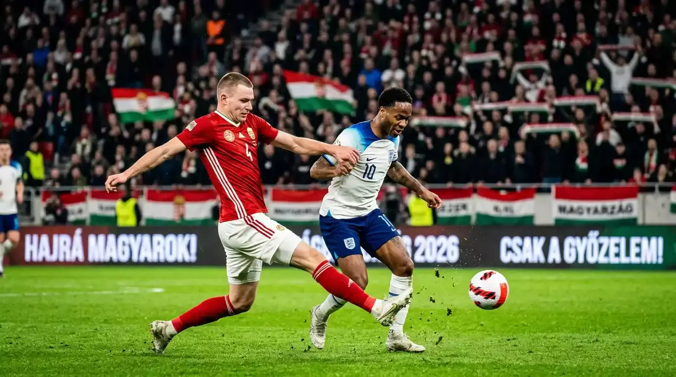 Futballista a labdát vezeti egy esti VB-meccsen, fények és telt lelátó a háttérben