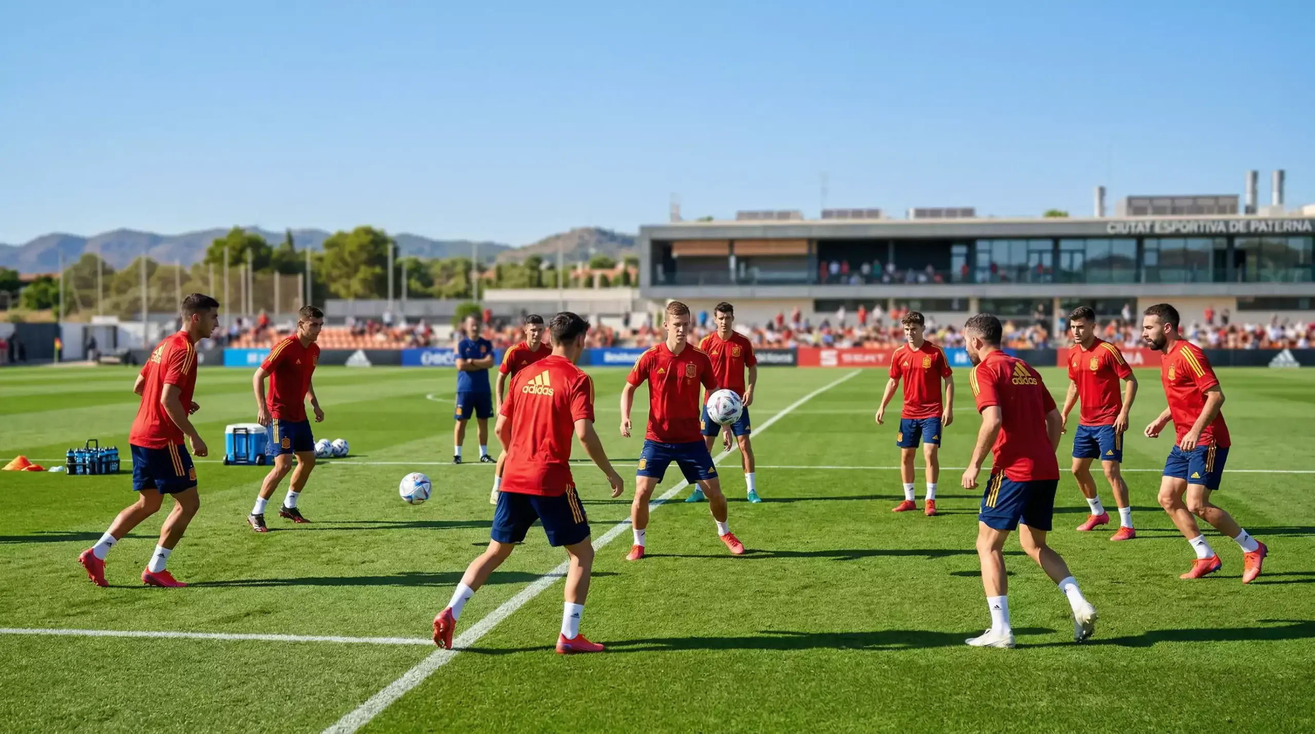 A spanyol labdarúgó-válogatott piros mezben edzésen a VB 2026 előtt