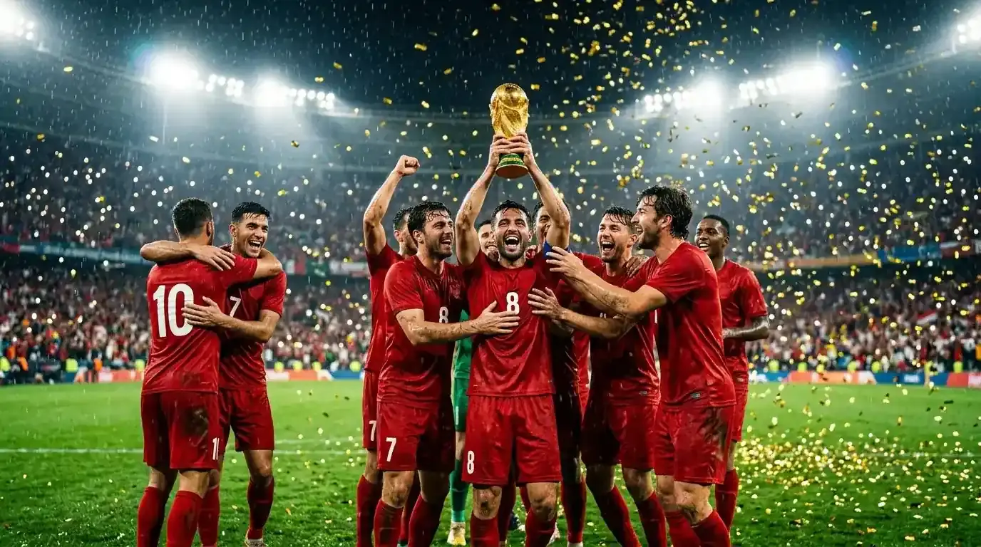 Spanyol válogatott játékosai ünnepelnek a világbajnoki trófeával, konfetti és reflektorfény