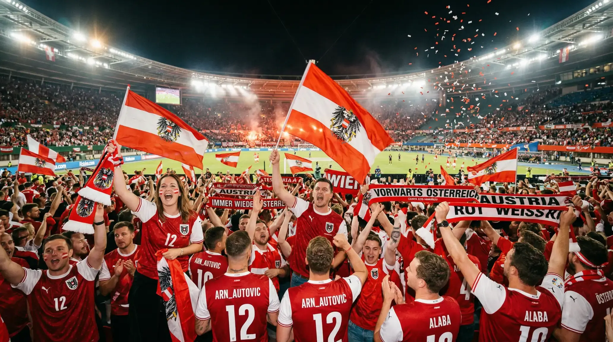 Osztrák labdarúgó-szurkolók piros-fehér zászlókkal a stadion lelátóján