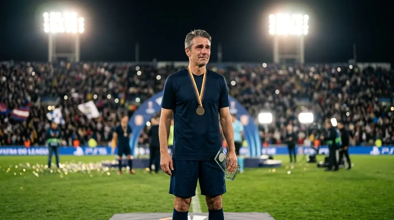 Futballista a díjátadó ceremónián, meghatott arckifejezéssel, stadion háttérrel