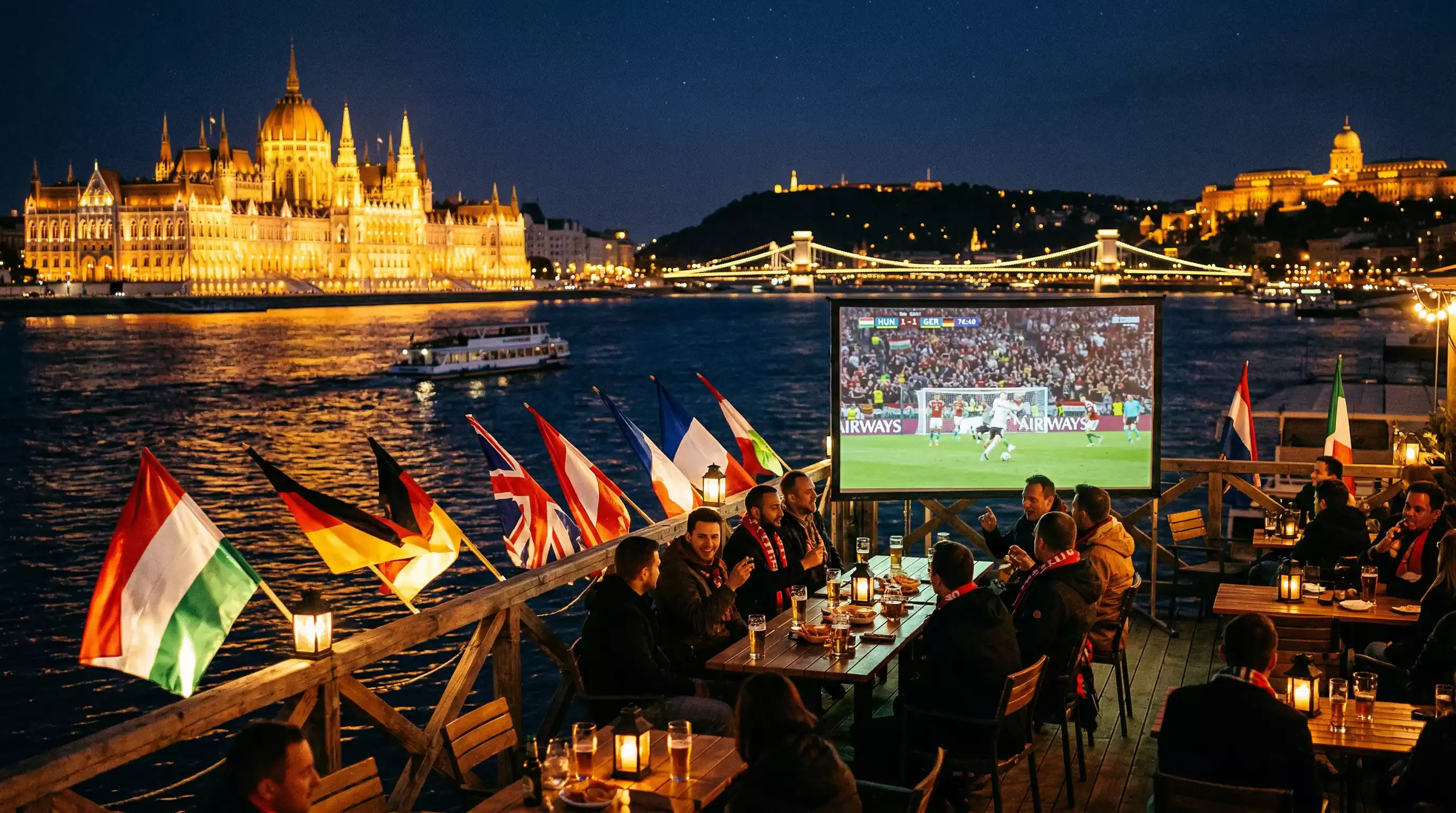 Budapesti panoráma az esti fényekben, ahol a szurkolók a VB 2026 meccseit nézik