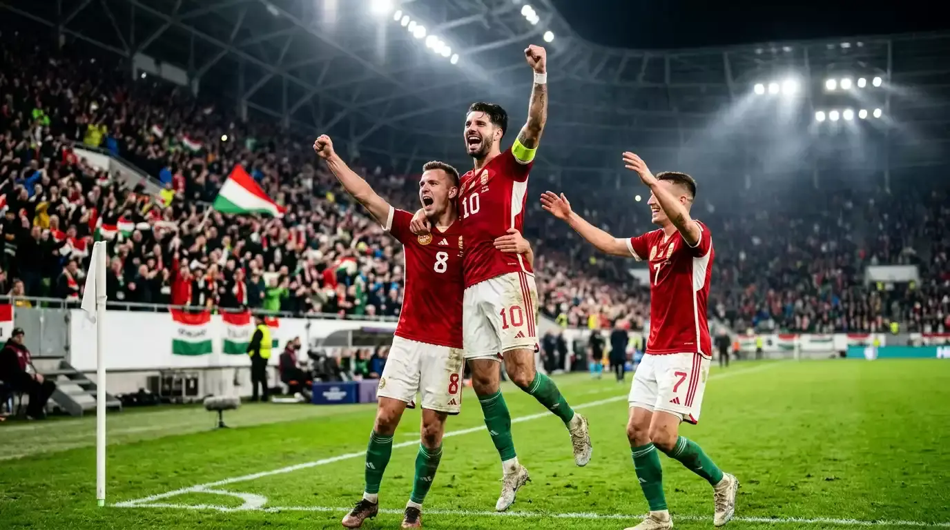 Futballisták ünnepelnek egy gól után egy VB-meccsen, háttérben elmosódott szurkolók