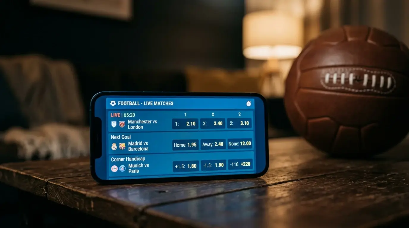 Közelkép egy telefonról, amelyen sportfogadási szorzók láthatók, futball-labda mellett