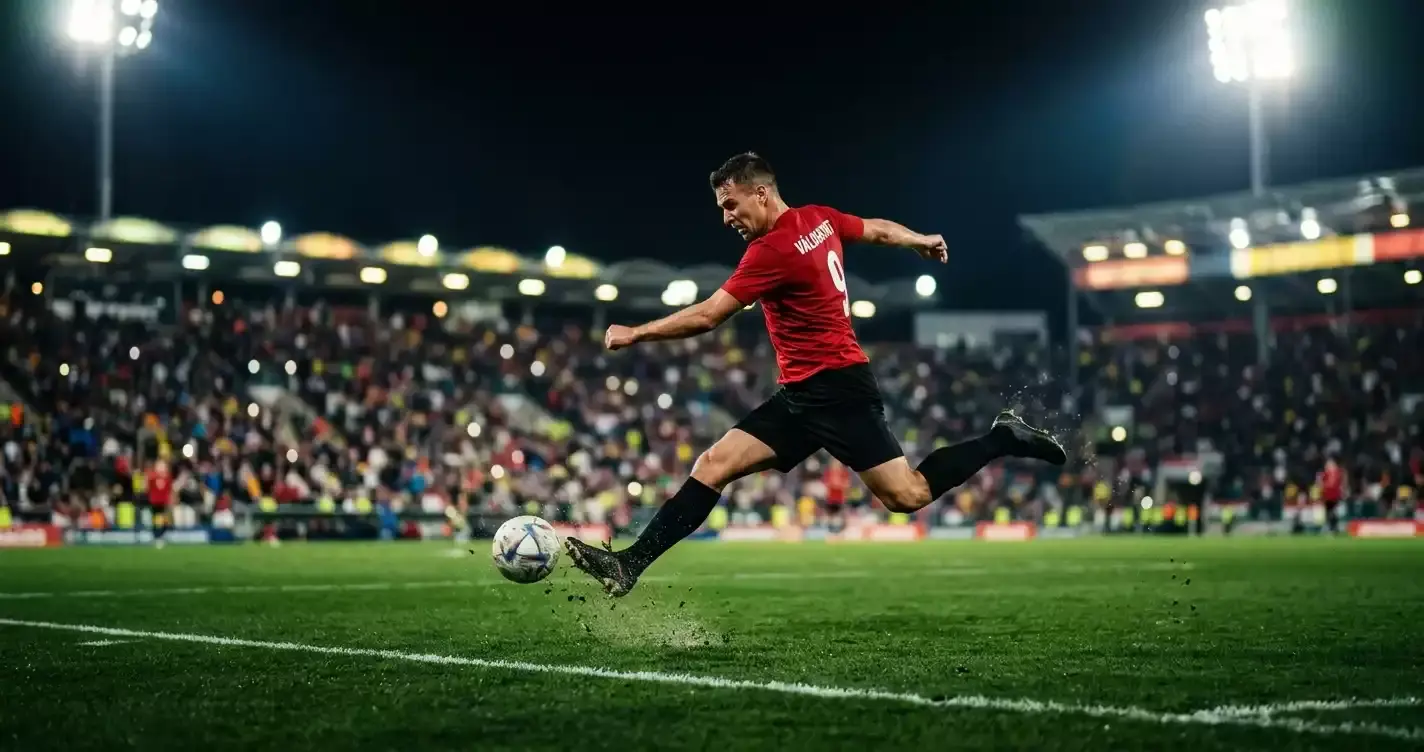 Futballista lövésre lendül egy esti VB-meccsen, telt lelátó a háttérben