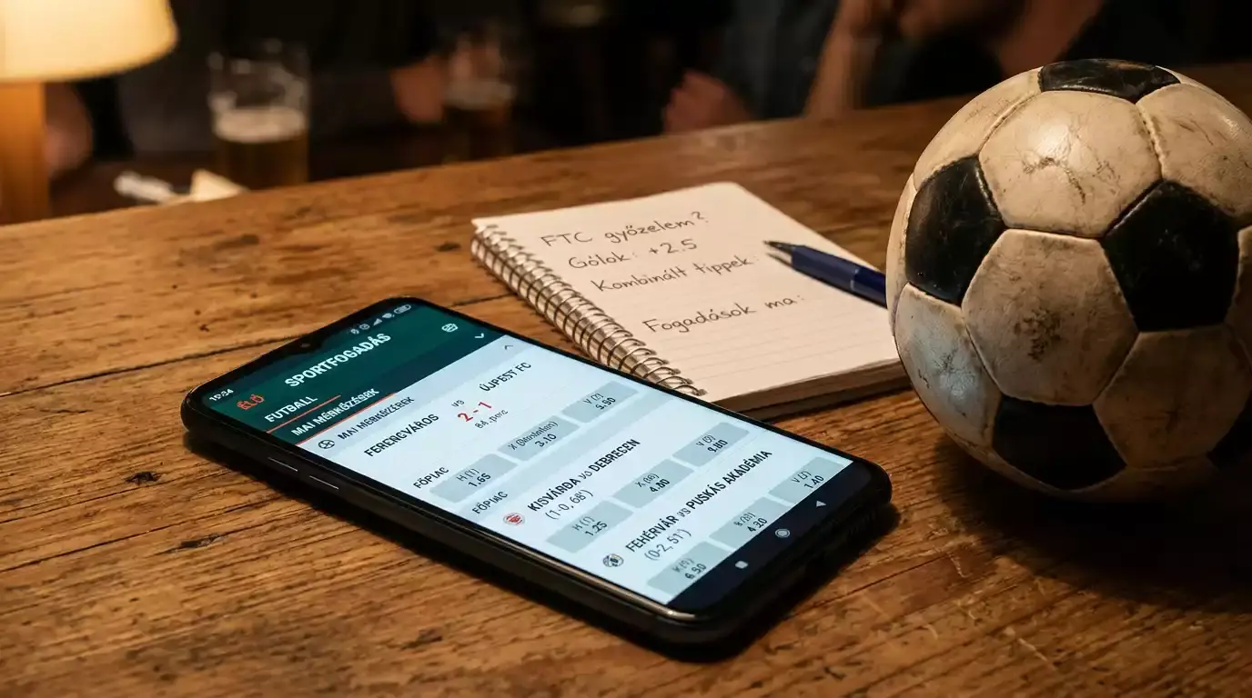 Fogadószelvény, telefon élő oddsokkal és egy futball-labda egy asztalon