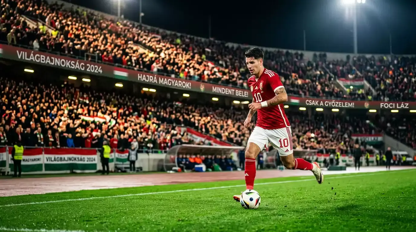 Futballista a labdát vezeti egy esti VB-meccsen, telt lelátó a háttérben